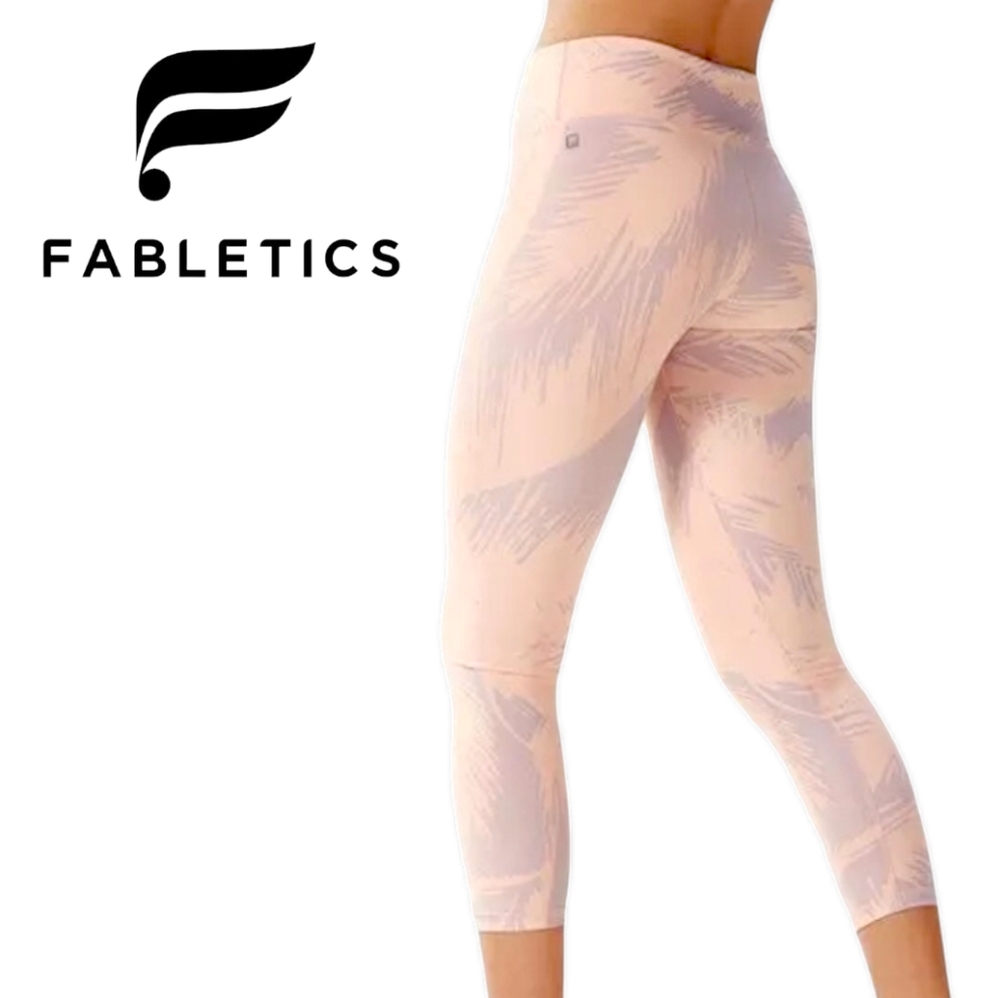 Fabletics 7/8 Capri Powerhold High Waist Legging; Lavender & Pastel Pink Palms